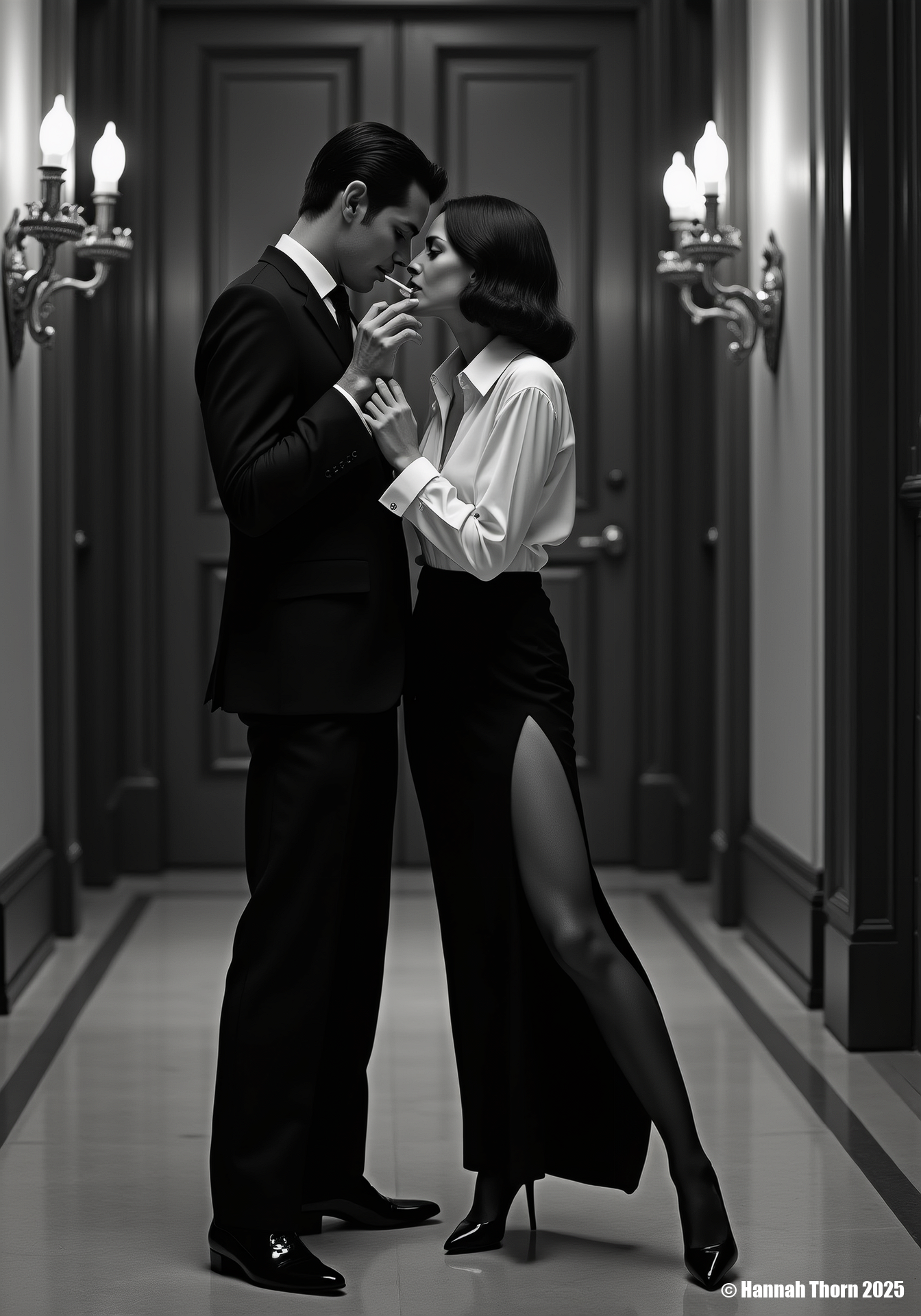 A stark black and white photograph in the style of Helmut Newton, capturing a stylish couple in a grand hallway. The man, impeccably dressed in a suit, leans in towards the woman, clad in a open white blouse, black slit skirt, which offers a view on their stylish black stockings, as they share a cigarette, their gazes locked in an intimate moment. The hallway is lined with imposing doors and ornate wall sconces, casting dramatic shadows and highlighting the architectural lines.  The image is rendered in a hyperrealistic style, pushing the boundaries of photographic realism, with extreme detail and fine textures, evoking a cool, elegant atmosphere, emphasizing the sophisticated yet slightly aloof nature of the scene.     <lora:_Flux\_Photographer\Hemut_Newton_V2.safetensors:1.0000000000000002:1.0000000000000002>