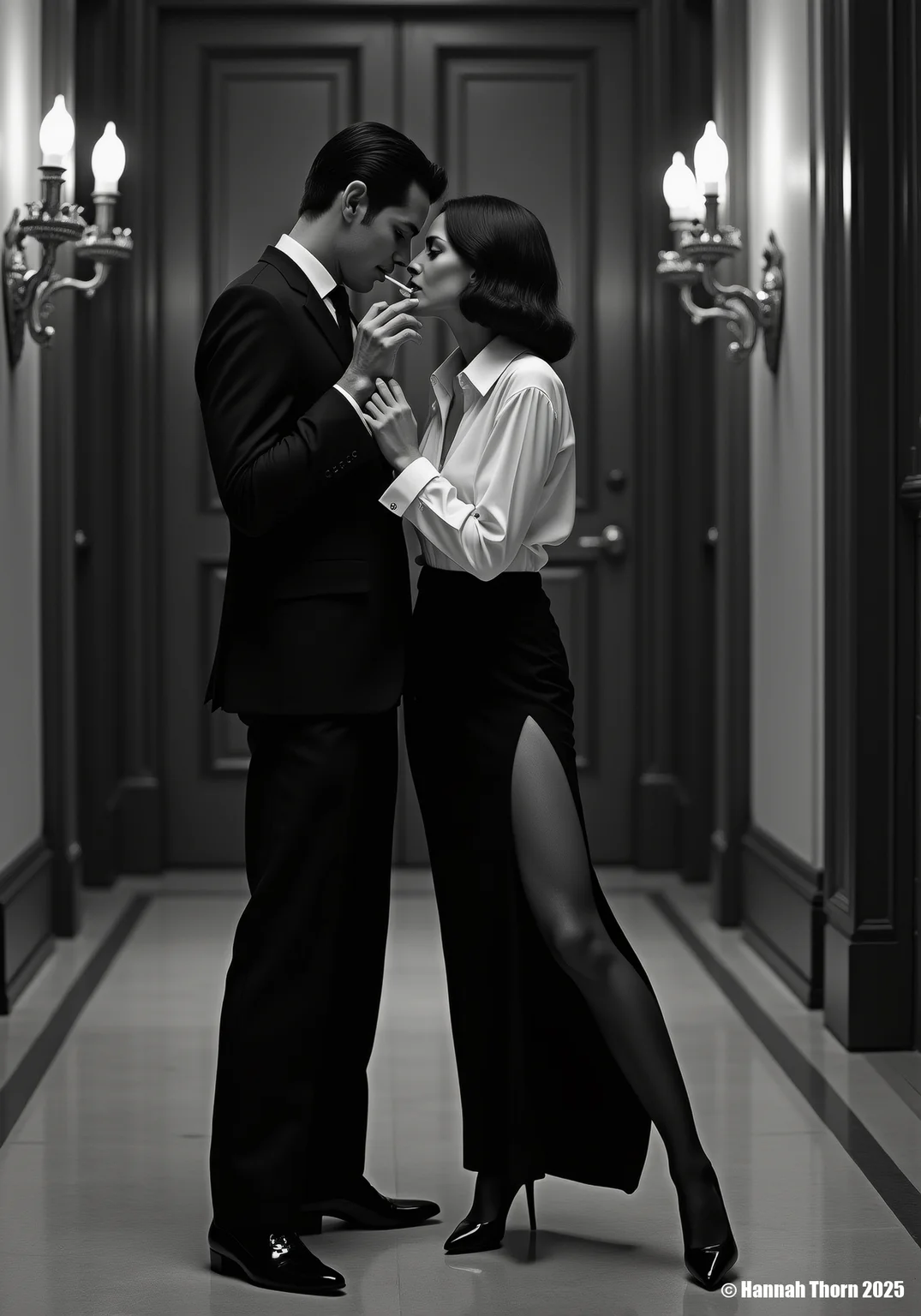 A stark black and white photograph in the style of Helmut Newton, capturing a stylish couple in a grand hallway. The man, impeccably dressed in a suit, leans in towards the woman, clad in a open white blouse, black slit skirt, which offers a view on their stylish black stockings, as they share a cigarette, their gazes locked in an intimate moment. The hallway is lined with imposing doors and ornate wall sconces, casting dramatic shadows and highlighting the architectural lines. The image is rendered in a hyperrealistic style, pushing the boundaries of photographic realism, with extreme detail and fine textures, evoking a cool, elegant atmosphere, emphasizing the sophisticated yet slightly aloof nature of the scene. <lora:_Flux\_Photographer\Hemut_Newton_V2.safetensors:1.0000000000000002:1.0000000000000002>
