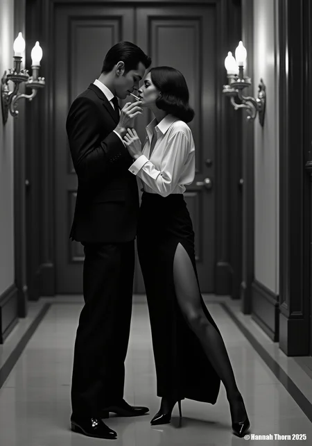 A stark black and white photograph in the style of Helmut Newton, capturing a stylish couple in a grand hallway. The man, impeccably dressed in a suit, leans in towards the woman, clad in a open white blouse, black slit skirt, which offers a view on their stylish black stockings, as they share a cigarette, their gazes locked in an intimate moment. The hallway is lined with imposing doors and ornate wall sconces, casting dramatic shadows and highlighting the architectural lines. The image is rendered in a hyperrealistic style, pushing the boundaries of photographic realism, with extreme detail and fine textures, evoking a cool, elegant atmosphere, emphasizing the sophisticated yet slightly aloof nature of the scene. <lora:_Flux\_Photographer\Hemut_Newton_V2.safetensors:1.0000000000000002:1.0000000000000002>