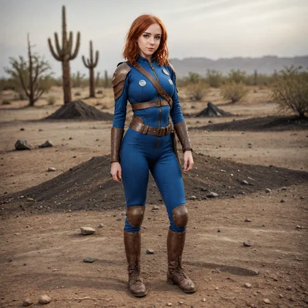 A full body photograph of a beautiful 20 year old red hair girl wearing a Vault Suit with Leather Armor in a desert wasteland <lora:Fallout_Vault_Suit-000008:0.6> <lora:Perfect Hands v2:0.75> Perfect Hands, perfect face