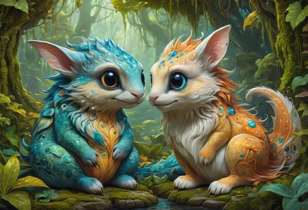 two absurdly cute and gorgeous fantasy creatures that cuddle and play with each other ,fantasy ,highly detailed,detailed background,cinnematic scenery