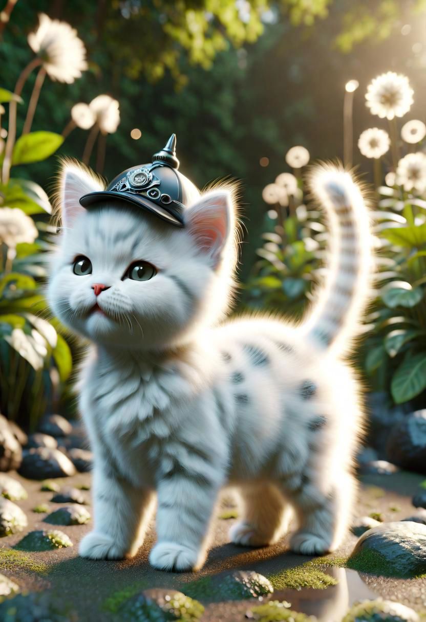 ral-fluff,<lora:ral-fluff:1>,
chibi,masterpiece,best quality,original,official art, silver metallic kitten,hat,flower,blurry background,rendering,beautiful detailed glow,(detailed ice),beautiful detailed water,sunny, blurred flower, happy,grin