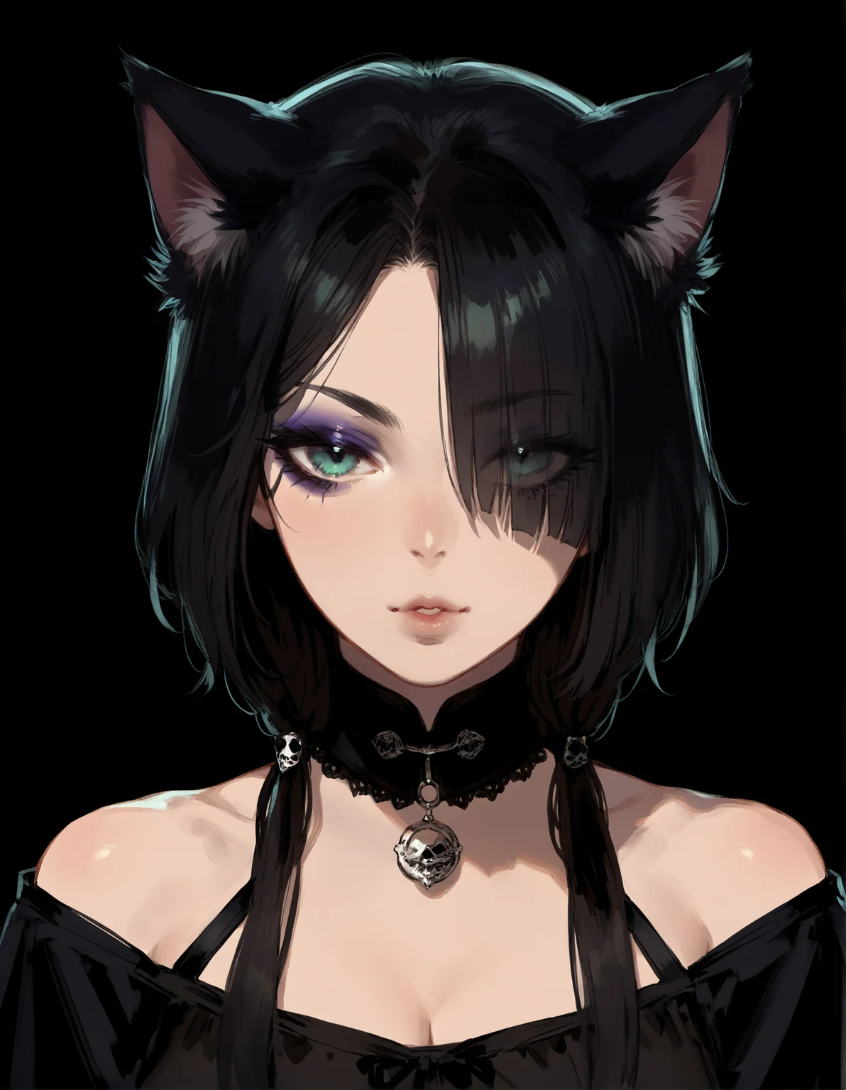score_9, score_8_up, score_7_up, 1girl, cat ears, cat tail, goth, cat girl, solo, solo focus, face close-up, looking at viewer, eyeshadow, half-closed eyes, sexy, eyes visible through hair,shaded face, portrait, dark, (wide shot:1.2), (high contrast:1.2), black background, (simple background:1.5), (vaporwave:0.2), Seated with one leg extended, leaning on the other knee, <lora:nat_the_lich_canvas:1>