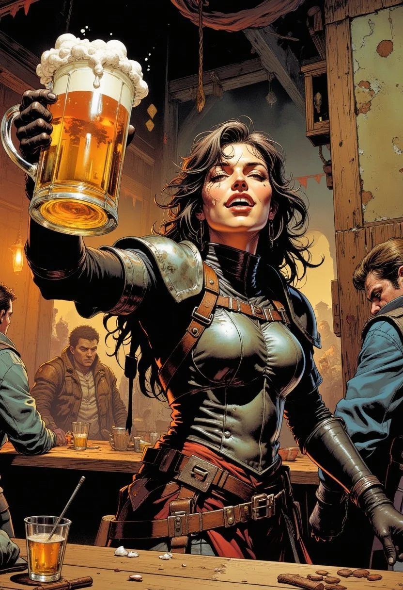 Comic book style image of a young female adventurer holding up a large tankard of beer, she is in a rowdy medieval high fantasy tavern, she looks very happy and having fun laughing, wearing fantasy RPG leather armor