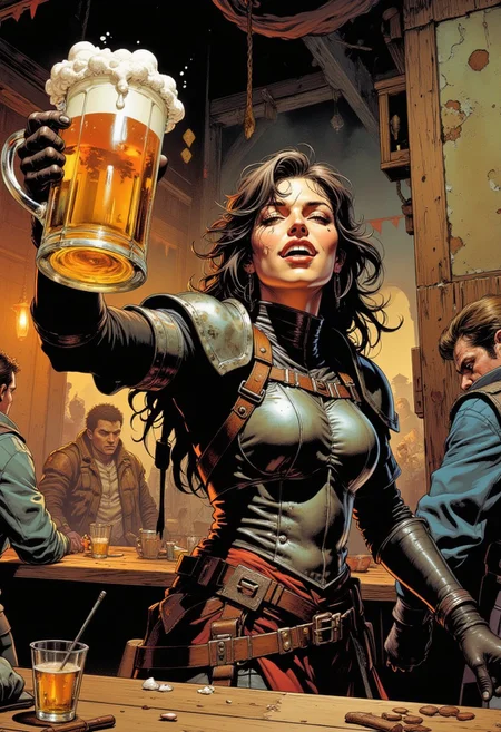 Comic book style image of a young female adventurer holding up a large tankard of beer, she is in a rowdy medieval high fantasy tavern, she looks very happy and having fun laughing, wearing fantasy RPG leather armor