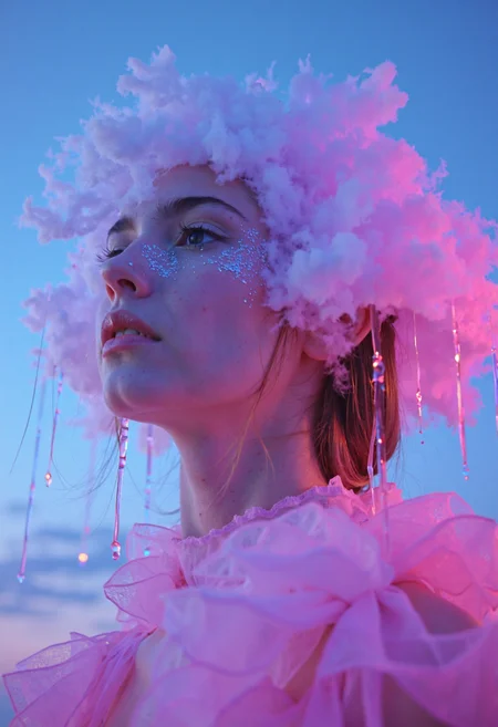 cinematic film still (Ombre color scheme of neon colors: pink, purple, blue, orange:1.85)
A beautiful woman entirely made up off white clouds, crying tears that fall down like rain, against a blue sky . shallow depth of field, vignette, highly detailed, high budget, bokeh, cinemascope, moody, epic, gorgeous, film grain, grainy