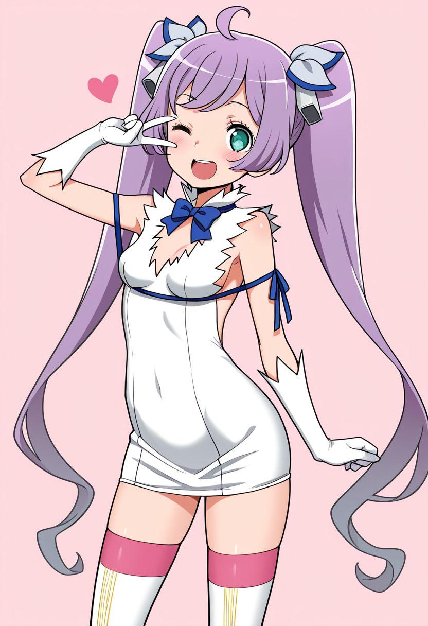 best quality, masterpiece, absurdres, manaka laala, hestia \(danmachi\), kashikoma!,  one eye closed,  v,  dress,  thighhighs, heart, far view <lora:manaka_laala:1> <lora:hestia_danmachi_r1:0.8>