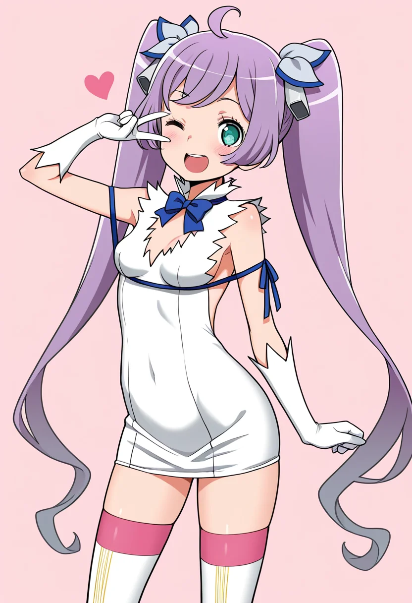 best quality, masterpiece, absurdres, manaka laala, hestia \(danmachi\), kashikoma!, one eye closed, v, dress, thighhighs, heart, far view <lora:manaka_laala:1> <lora:hestia_danmachi_r1:0.8>