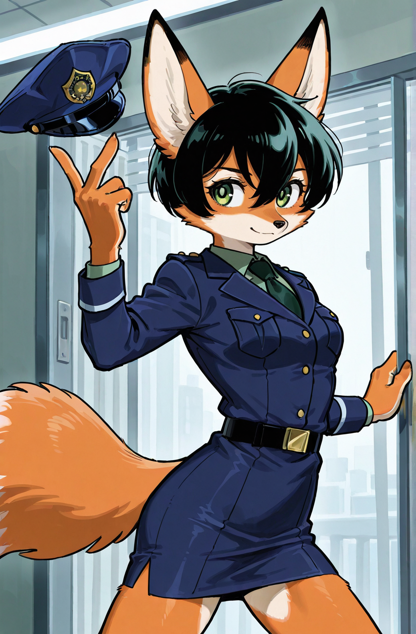 (anthro fox girl:1.5),black hair,green eyes,dynamic pose, 
hair between eyes,zPDXL3,solo, police unifrom,cowboy shot, light smile
<lora:Perfect Hands:1> <lora:age_slider_v4:-1>
<lora:Tezuka_Osamu:0.9>tezuka osamu, score_9, score_8_up, score_7_up, score_6_up, score_5_up, score_4_up,zPDXL