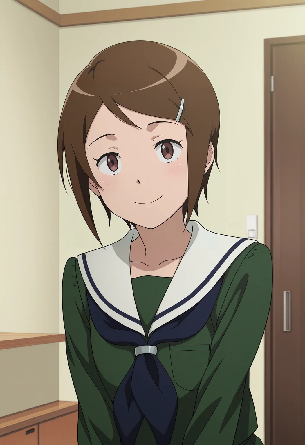 1girl,solo,mm,brown hair,short hair,brown eyes,hairclip,hair ornament,anime coloring,
shool uniform,serafuku,green shirt,long sleeves,upper body, looking at viewer, smile, indoors,
,masterpiece,best quality,amazing quality,<lora:Hikari_Yagami-Digimon_Adventure_tri:0.9>