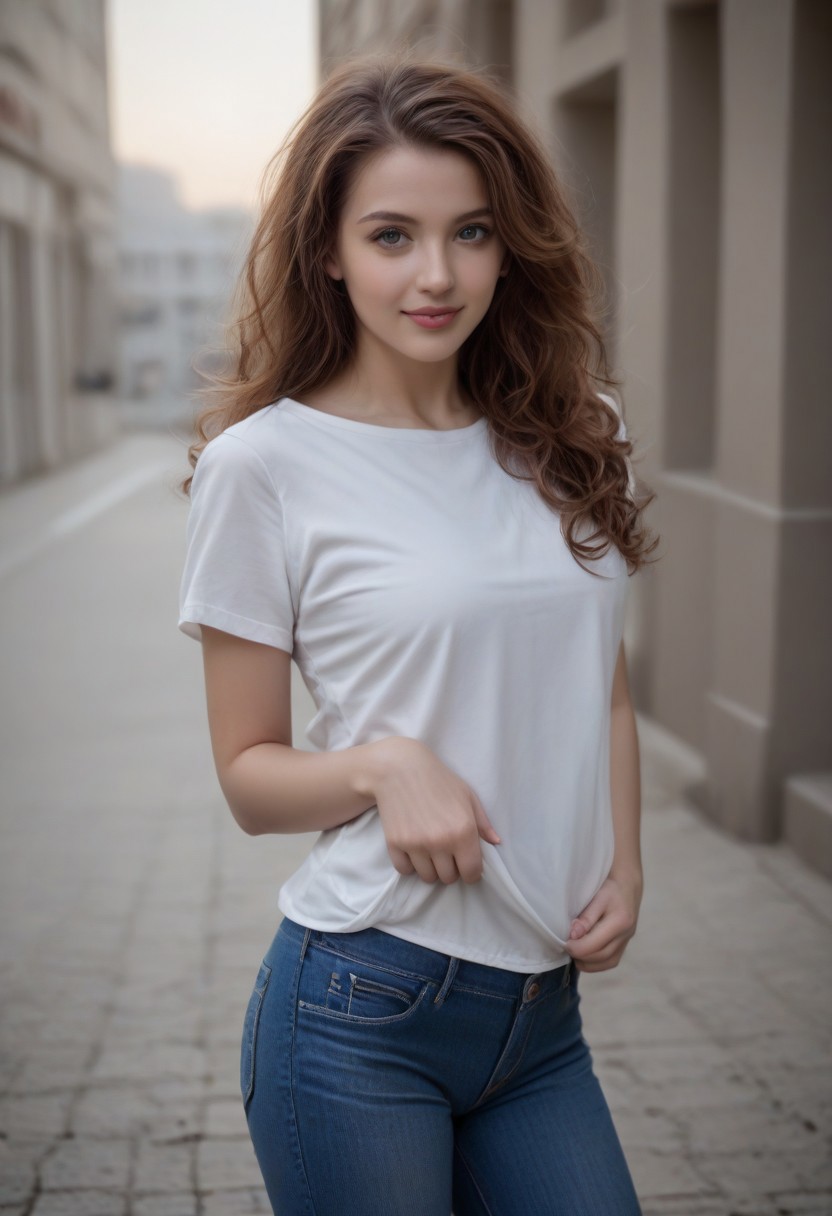 score_9, score_8_up, score_7_up, score_6, score_5, score_4, high quality, best quality, ultra-detailed, very aesthetic, d3t41l3d, source_realistic, A girl age 32years, long shot, natural clevage, black very_long_hair, curly hair, beautiful detailed deep eyes,cinematic lighting, cute smile, wearing a white t-shirt and blue jeans, different poses ,8k, beautiful eyes, raw, photo, realistic, zPDXLrl, zPDXL2