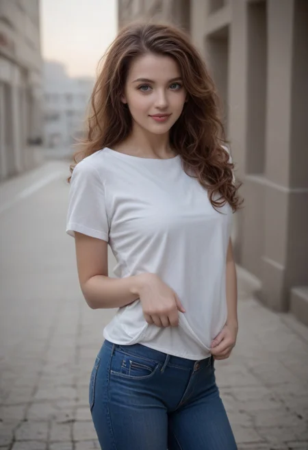 score_9, score_8_up, score_7_up, score_6, score_5, score_4, high quality, best quality, ultra-detailed, very aesthetic, d3t41l3d, source_realistic, A girl age 32years, long shot, natural clevage, black very_long_hair, curly hair, beautiful detailed deep eyes,cinematic lighting, cute smile, wearing a white t-shirt and blue jeans, different poses ,8k, beautiful eyes, raw, photo, realistic, zPDXLrl, zPDXL2