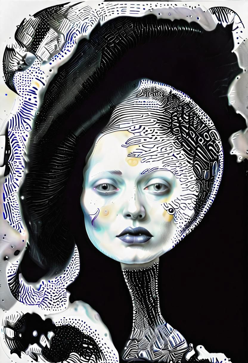 raw sketch of interwoven concrete cement pebbles cob cobblestone shell fishscales snakeskin, by Hans Bellmer, by Malevitch, by Kandinsky, Surreal psychedelic bizarre, psychedelic hallucination, pop surrealism, rough crosshatch drawing pop art Lunatic_Portrait of a young woman in latex Avant-garde Fashion page, slick back, low bun, black makeup, sinister expression, intense glare, (melting flesh covered in moss, rot, mold, bubbles, droplets:1.5), avant-garde, abstract, weird, geometric, constructivism, suprematism, rayonism, verticism, lineism, tj