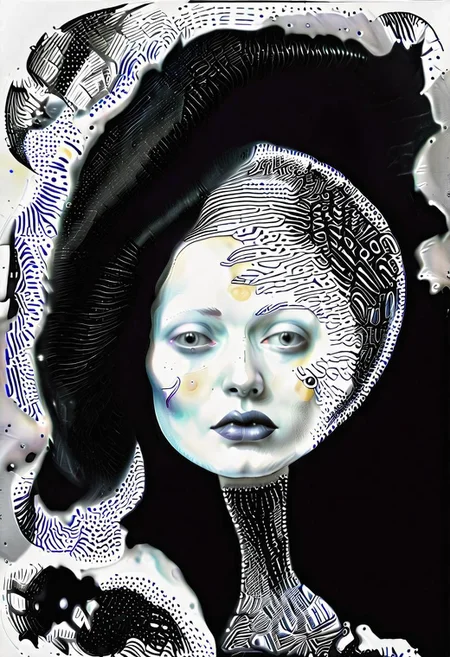 raw sketch of interwoven concrete cement pebbles cob cobblestone shell fishscales snakeskin, by Hans Bellmer, by Malevitch, by Kandinsky, Surreal psychedelic bizarre, psychedelic hallucination, pop surrealism, rough crosshatch drawing pop art Lunatic_Portrait of a young woman in latex Avant-garde Fashion page, slick back, low bun, black makeup, sinister expression, intense glare, (melting flesh covered in moss, rot, mold, bubbles, droplets:1.5), avant-garde, abstract, weird, geometric, constructivism, suprematism, rayonism, verticism, lineism, tj