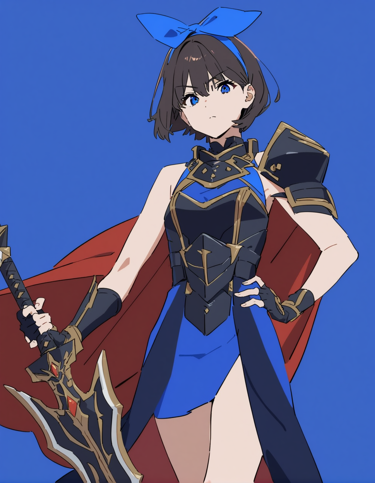 1girl, 
kamo kamen, 
holding weapon, holding, black hairband, holding sword, blue eyes, blue background, alternate eye color, blue dress, hand on own hip, blue bow, hairband, two-sided fabric, gloves, bow, fingerless gloves, sword, bare shoulders, armor, simple background, black armor, closed mouth, shoulder armor, sleeveless, two-sided dress, short hair, dress, crossover, black gloves, weapon, red cape, cape, sleeveless dress, hair bow, 
masterpiece, best quality, newest
 <lora:kamo_kamen_image373_2024-03-28_a31:1>