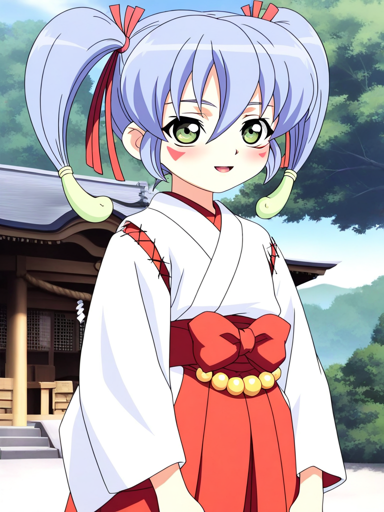 general,highres, ultra-detailed,very aesthetic,best quality ,best hands, BREAK <lora:Nazuna_Onmyou_Taisenki_Ver2.0_IS:1>
Nazuna, 1girl, solo, blue hair, short hair, red ribbon, hair ribbon, short twintails, magatama hair ornament,green eyes, light smile, v arms,
1girl, solo, japanese clothes, miko, green eyes, red hakama, long hair, skirt, open mouth, hakama, blue hair, blush, hakama skirt, long sleeves, facial mark, golden beads, waist beads,
red triangle facial mark, hair between eyes,white kimono,cross-laced sleeves,long sleeves, wide sleeves, red hakama pants, red layered waist bow,
shrine, outdoor, sky, tree,