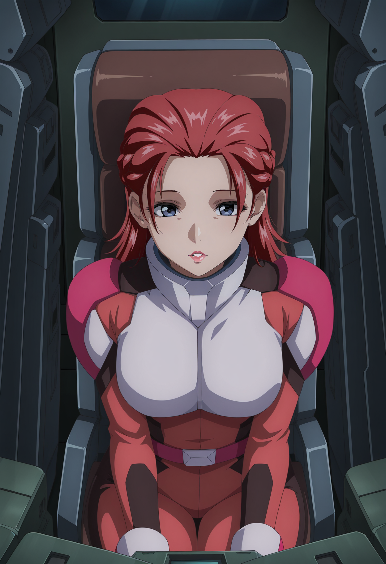 1girl,solo,mm,mature female,medium hair,red hair,blue eyes,braid,lipstick,anime coloring,
pilot suit,sitting,cockpit,parted lips, 
,masterpiece,best quality,amazing quality,<lora:Meyrin_Hawke-Gundam_SEED_Freedom:0.8>