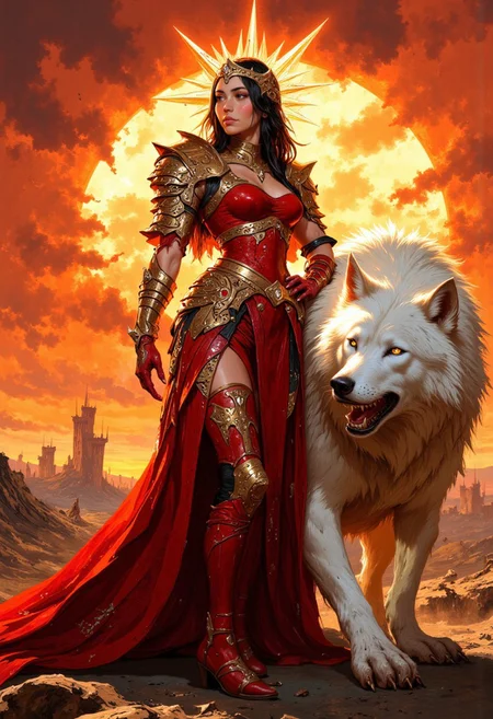 A commanding warrior queen stands with pride and grace and standing beside her is a giant white wolf, radiating power and dominance under a fiery orange and crimson sunset. Her striking armor, meticulously crafted in bold red and shimmering gold, includes a sculpted bra, long arm bracers, and thigh-high strapped boots. She wears an elaborate crown with radiating spires that resemble sunbeams, framing her face and enhancing her regal presence. Her long, dark hair flows freely, complementing her poised yet fearsome demeanor. The gigantic white wolf next to her crouches low, its muscular frame exuding raw strength. Its soft fur glows under the golden light, and its gaping maw reveals sharp, menacing teeth, ready to strike. In the distance, a barren, ominous landscape stretches into the horizon, with faint silhouettes of ancient towers piercing the smoky, ethereal atmosphere. The scene captures a blend of beauty, ferocity, and mysticism. Style: hyper-realistic, Art Nouveau-inspired, cinematic lighting, fine detail in textures and facial expressions, dramatic contrasts between warm sunset tones and deep shadows. Emphasis on atmospheric depth, intricate costume design, and the creature’s powerful yet subservient posture.