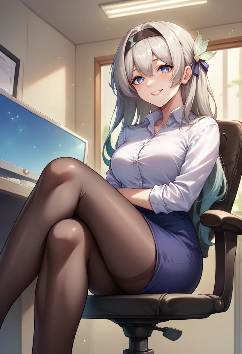 score_9, score_8_up, source_anime, Firefly, blue pupils, long hair, black hairband, hair ornament, indoors, office lady, office chair, sitting, crossed legs, miniskirt, black pantyhose, dress shirt, smile, <lora:ChamFireflyPonyXL:1>