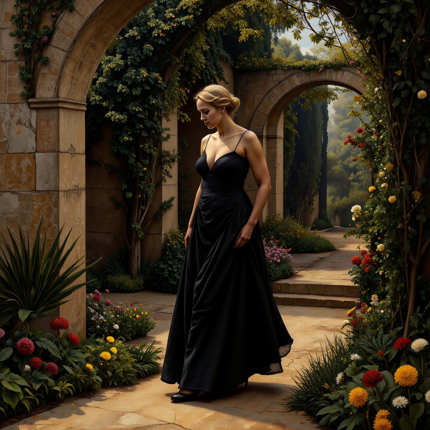 <lora:Charcoal01d_CE_FLUX_AIT:0.6> Swedish Art Nouveau painting. Full body view. vintage theme. Old mature terrified plump courtesan, deep décolletage, walking in a perfect oasis setting. Intricate black and lilac and copper naturalistic details. Overall, the scene is cubist and is very detailed. Dramatic lighting illuminates the scene from the left. <lora:Paper_Marbling_Flux:0.5> <lora:midjourney_whisper_chromaplex_v1:0.6> <lora:Hand v2:1> <lora:flux.1_lora_flyway_Epic-detail_v2:0.5>