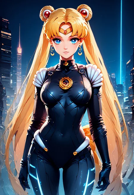 score_9, score_8_up, score_8, medium breasts, (curvy),
sailor moon, blonde hair, blue eyes, double bun, hair bun, hair ornament, long hair, twintails, circlet, parted bangs,
zzCitronLegacy, 1girl, solo, breasts, looking at viewer, bodysuit, neon glow,
city, night,
zPDXL, Expressiveh