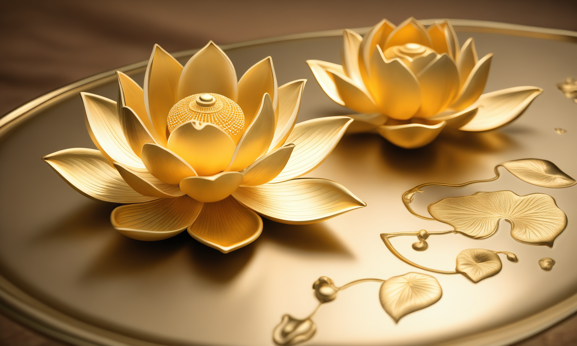 <lora:goldcarvingcd_xl-000006:0.7>,a lotus flower and lotus leaf on table,goldcarvingcd_xl,gold carving,indoors,no humans,(Unbelievable Digital Artwork:1.3),CGSociety,ArtStation,master works, emotional, harmonious, high budget, moody, epic, gorgeous, perfect lighting, realistic, photorealistic, photographic, photo (medium),real, moody lighting, volumetric lighting, reality ray tracing, 8K, HDR, UHD, masterpiece, best quality, highly detailed, high resolution, finely detail, extremely detailed, ultra detailed, wallpaper