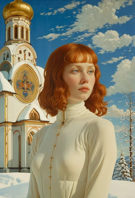 An image of a cute girl in liminal soviet room, girl ,analog photo, full body, in camera frame, mia cole, pale skin, tall height, against the background of the Russian Orthodox Church, blue sky, sunny day, epic clouds, (oil on canvas:0.1), nicola samori, art by Jeremy Mann, god rays, dramatic light, <lora:ClassipeintXL2.0:0.35> <lora:NicolaSamori_2:0.2> long bob-cut hair, shiny oiled skin, pale skin, jennifer connely, red hair slightly curly hair, (extra Large breasts),(art by Eduard Wilhelm Pose and Master of the Holy Blood and Ivan Bilibin:1.2), (oxygen-rich air and sheltered atmosphere, snowy, aesthetic of hard - edge painting:0.1), symmetry and balance, pioneering unparalleled masterwork with superior details, (terracotta and lapis lazuli colors:0.1), <lora:MJ52:0.65> <lora:xl_more_art-full_v1:0.3> <lora:RMSDXL_Creative:1>