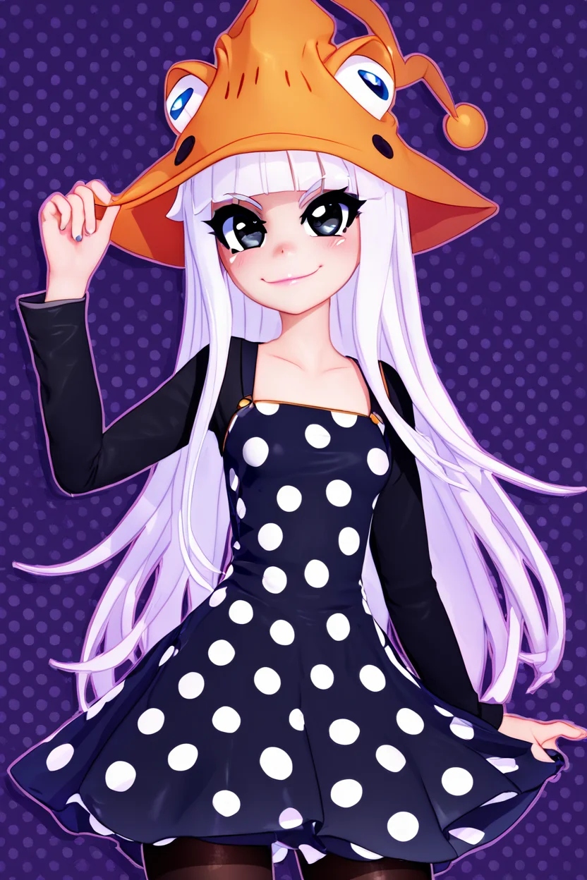 score_9, score_8_up, score_8, medium breasts, (curvy), cute, eyelashes, BREAK, , zzEruka, black eyes, white hair, blunt bangs, long hair, orange hat, polka dot dress, black dress, black sleeves, pantyhose, <lora:ErukaFrog_SoulEater_PDXL_v2:1.0>, , BREAK, smile, closed mouth, looking at viewer, cowboy shot, ,,, embedding:zPDXL, Expressiveh, ,,, <lora:MantisStyle_PDXL_v2:0.8>, <lora:SDXLFaeTastic2400:0.5>, <lora:Expressive_H-000001:0.4>,