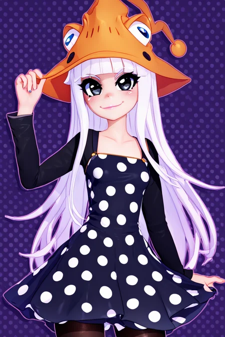 score_9, score_8_up, score_8, medium breasts, (curvy), cute, eyelashes, BREAK, , zzEruka, black eyes, white hair, blunt bangs, long hair, orange hat, polka dot dress, black dress, black sleeves, pantyhose, <lora:ErukaFrog_SoulEater_PDXL_v2:1.0>, , BREAK, smile, closed mouth, looking at viewer, cowboy shot, ,,, embedding:zPDXL, Expressiveh, ,,, <lora:MantisStyle_PDXL_v2:0.8>, <lora:SDXLFaeTastic2400:0.5>, <lora:Expressive_H-000001:0.4>,