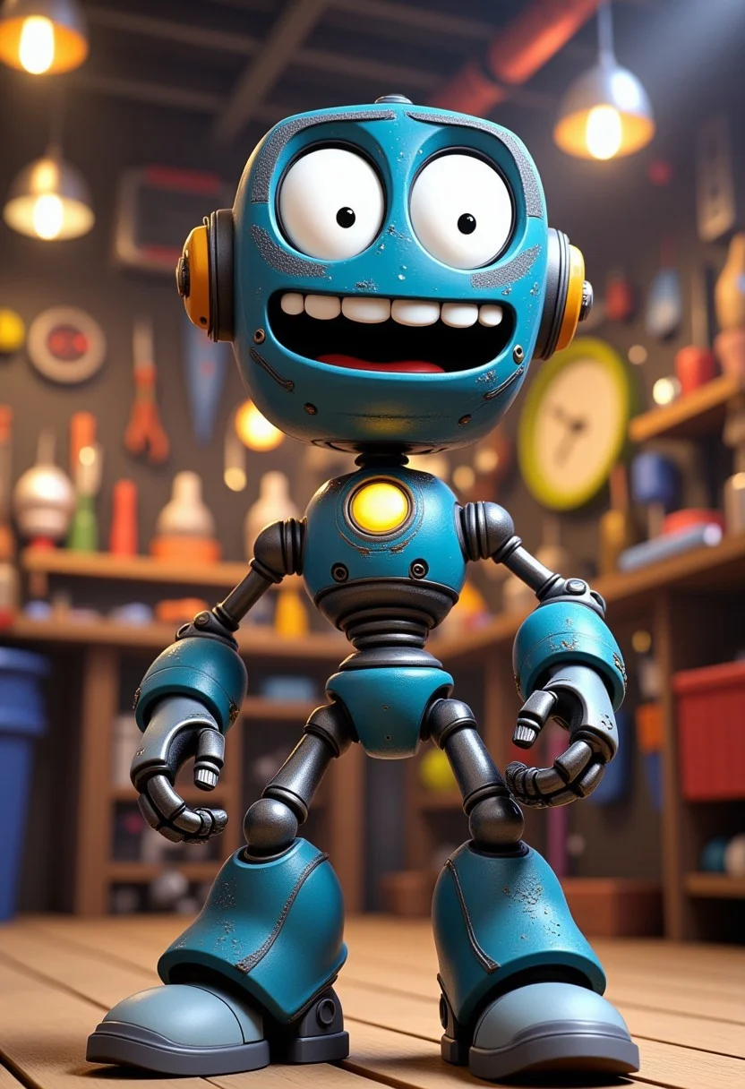 A cheerful robot with a big, expressive face standing in a futuristic workshop, surrounded by colorful tools and gadgets, a 3D render in the style of 3DMVIE