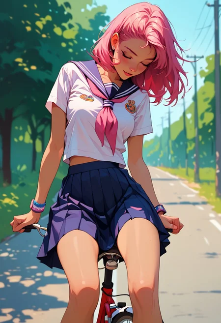 score_9, score_8_up, score_8, score_7_up, score_7, short,, cute, 1girl,easynegative, wide shot view,pink hair,leaning back,
biker girl, riding on a bicycle, school uniform, y0uthful, whole body view, wide view, skirt,
sexy poses, standing, sexy legs, , sexy tits, standing, posing,