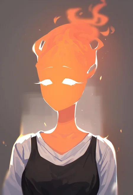 (((beautiful, high quality))), upper Body, score_9, score_8_up, score_7_up,
FireHuman, orange fire, empty eyes, 1girl, orange skin, white eyes, white shirt, black tank top.
looking at the viewer, posing, blurred background,
