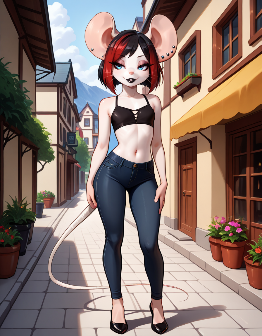 masterpiece, best quality, very aesthetic, absurdres,
outdoors,
full body, standing, posing, 
casual, 
seductive smile, parted lips, long eyelashes,
 <lora:Francis_v01_NAIXL:1>
Francis,1girl,solo,furry female, mouse girl, mouse ears, ear piercing, earrings, short hair, multicolored hair, red hair ,black hair ,blue eyes, eyeshadow, animal nose, whiskers, black lipstick, piercing, body fur, white fur, mouse tail,