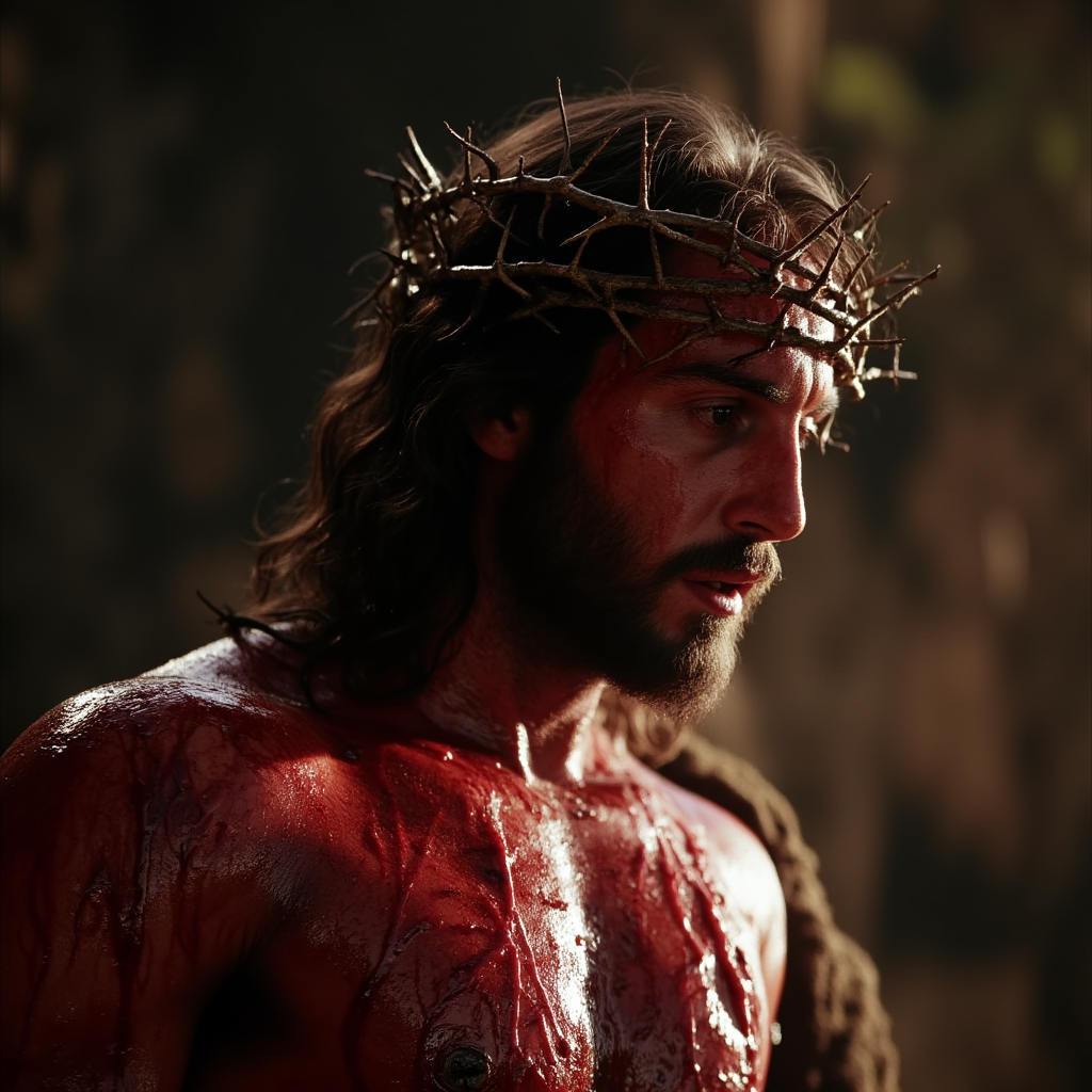 cinematic film still of  <lora:Kodak Vision 200T cinematic Panavision film Christ style v1:0.8>
an epic dramatic cinematic photo of a portrait profile of jesus man covered in blood with a crown of thorns on his head, shallow depth of field, vignette, highly detailed, high budget, bokeh, cinemascope, moody, epic, gorgeous, film grain, grainy