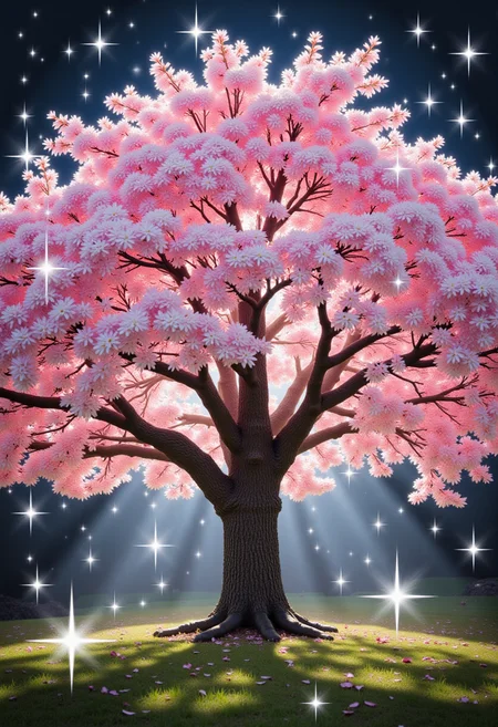 a cherry blossom tree surrounded by sparkling effect
