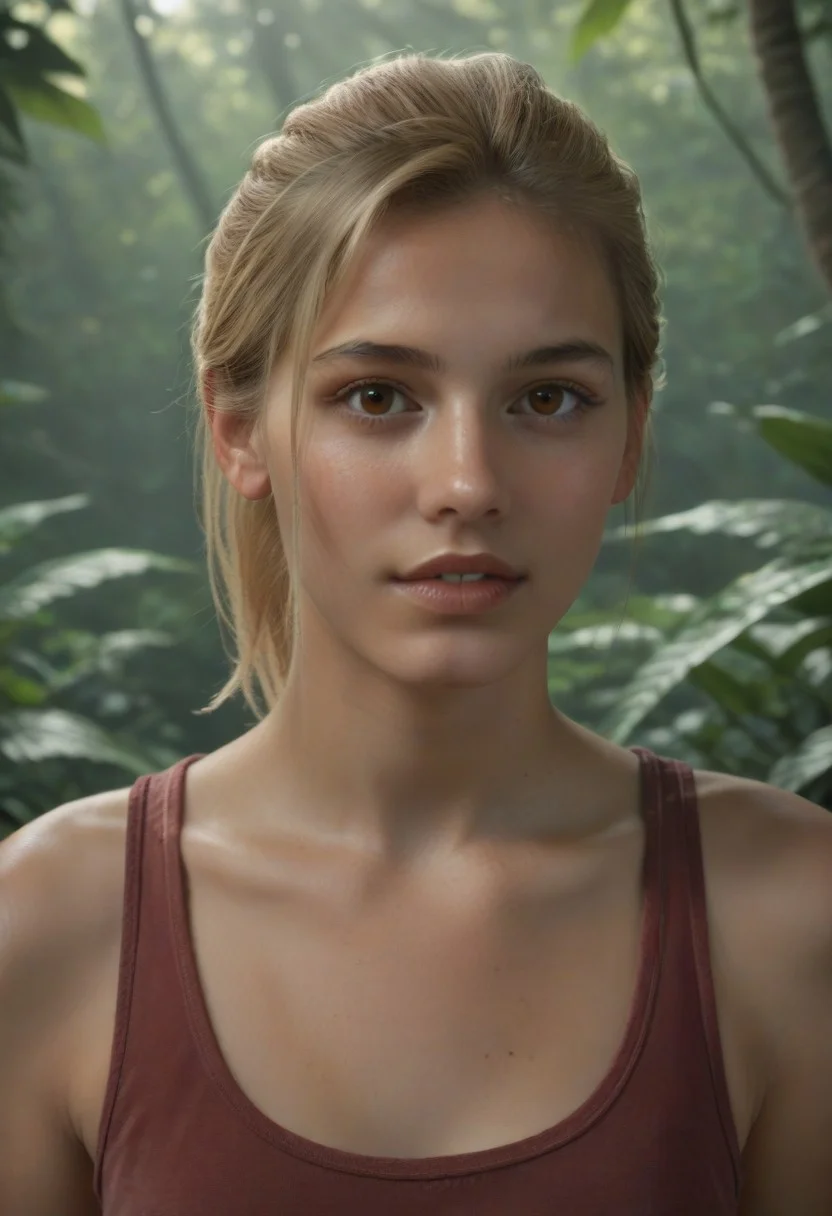 score_9, score_8_up, score_7_up, realistic photo of of fshreln, 1girl, unique angle, unique framing, close-up, face focus, (looking at viewer), parted lips, 1girl, blonde hair, ponytail, brown eyes, red tank-top, by loish, masterpiece, lips parted, slim figure, petite, (jungle, shadows, blurred background), side lighting, warm lights