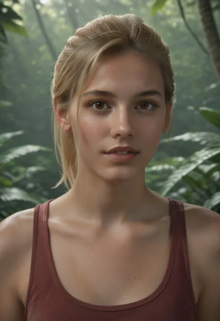 score_9, score_8_up, score_7_up, realistic photo of of fshreln, 1girl, unique angle, unique framing, close-up, face focus, (looking at viewer), parted lips, 1girl, blonde hair, ponytail, brown eyes, red tank-top, by loish, masterpiece, lips parted, slim figure, petite, (jungle, shadows, blurred background), side lighting, warm lights