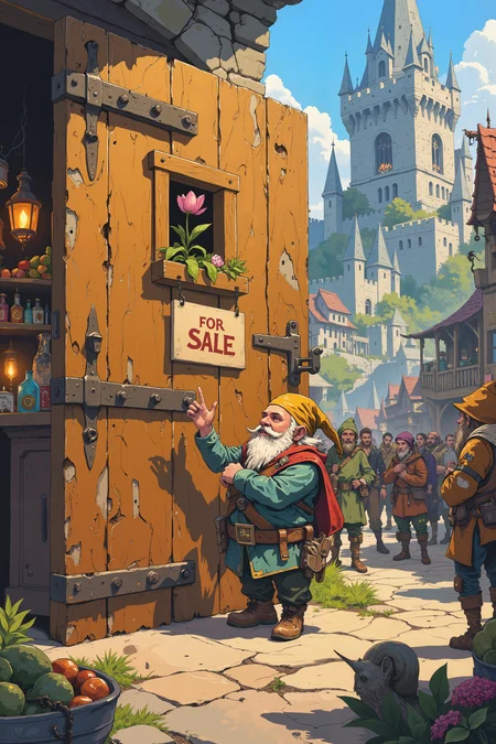 In the middle of a bustling fantasy marketplace, a tiny, bearded gnome proudly stands in front of an absolutely massive wooden door, his arms crossed as he gestures dramatically to a "For Sale" sign. The door is so large that it clearly belongs to a castle, or possibly the entrance to a giantâs pantry, but the gnome insists it is a âcozy starter home with plenty of charm.â Passersbyâa confused elf, a skeptical dwarf, and an orc scratching his headâstare at the door in bemusement. The background is alive with market stalls selling exotic fruits, glowing potions, and enchanted weapons, but the gnome remains oblivious, completely convinced heâs about to close the deal. A tiny window has been carved into the door at gnome-eye level, with a miniature flower box holding a single, slightly wilted tulip. A snail, almost the size of the gnomeâs head, slowly makes its way up the frame, proving that time itself has no bearing on the gnomeâs determination. In the distance, a very angry giant can be seen storming toward the marketplace, presumably looking for his missing front door. , detailed background  Fantastic lighting. Detailed shadows.intricate details, vivid colors, hyper-detailed, ultra-sharp, , ,  DB4RZ, DB4RZ style painting, NeoPigma, in the style of cksc, anime, cyberpunk, a masterpiece, award winning,<lora:CPA:0.5><lora:FLUX-daubrez-DB4RZ:0.3><lora:NeoPigmaV3:0.35><lora:ck-shadow-circuit-000021:0.35>