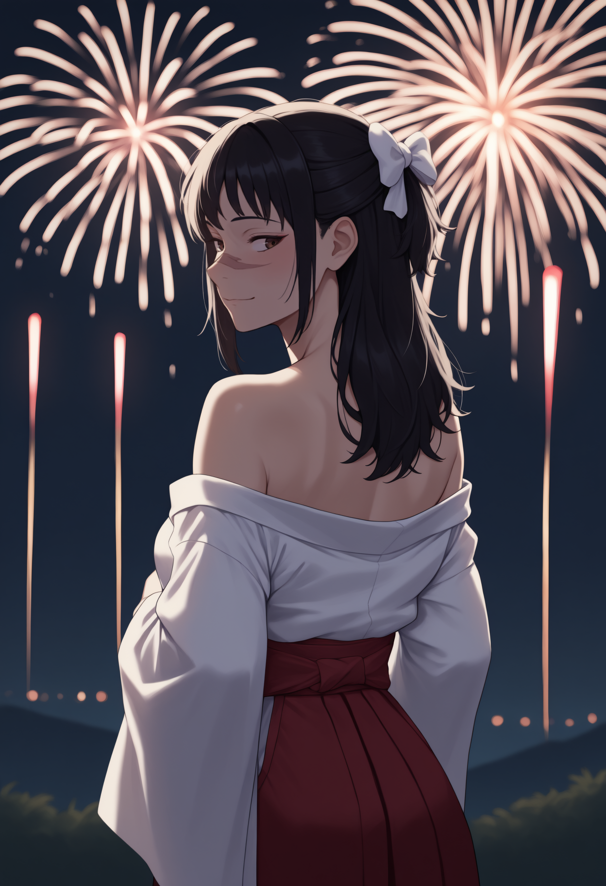 masterpiece, best quality, newest, anime, from behind, solo, 1girl, utah1mecurr, scar on face, scar on nose, slight smile, looking back, long hair, black hair, half updo, hair bow, white bow, brown eyes, japanese clothes, white kimono, kimono pull, off shoulder, long sleeves, wide sleeves, red hakama, hakama skirt, bare shoulders, outdoors, night, fireworks
<segment:yolo-Anzhc Face seg 640 v2 y8n.pt,0.4,0.5//cid=1>