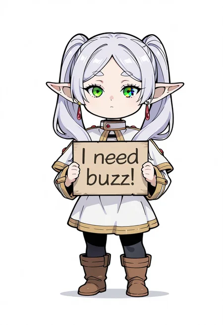 masterpiece, need_buzz, holding sign, sousou no frieren, frieren,chibi,chibi style, 
1girl, solo, white background, shirt, skirt, long sleeves, jewelry, pantyhose, pointy ears, parted bangs, green eyes, white hair, twintails, boots, full body, white skirt, earrings, striped shirt, sash, black pantyhose, capelet, white capelet, elf