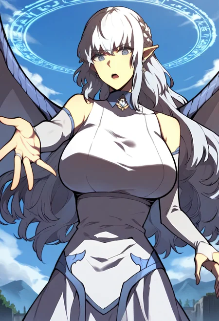 score_9, score_8_up, score_7_up, score_6_up, source_anime, rating_explicit, 1girl, solo, huge breasts,<lora:Quikantel prefectPonyxl:0.9> pointy ears, long hair, earrings, blue eyes, white hair, french braid, grey eyes, grey hair, sidelocks, dragon wings, turtleneck, brooch, white dress, sleeveless dress, detached sleeves, see-through sleeves, elbow gloves, bridal gauntlets, serious, open mouth, sky, outdoors, looking at viewer, flying, magic circle, close-up, (open hand:1.1), reaching
