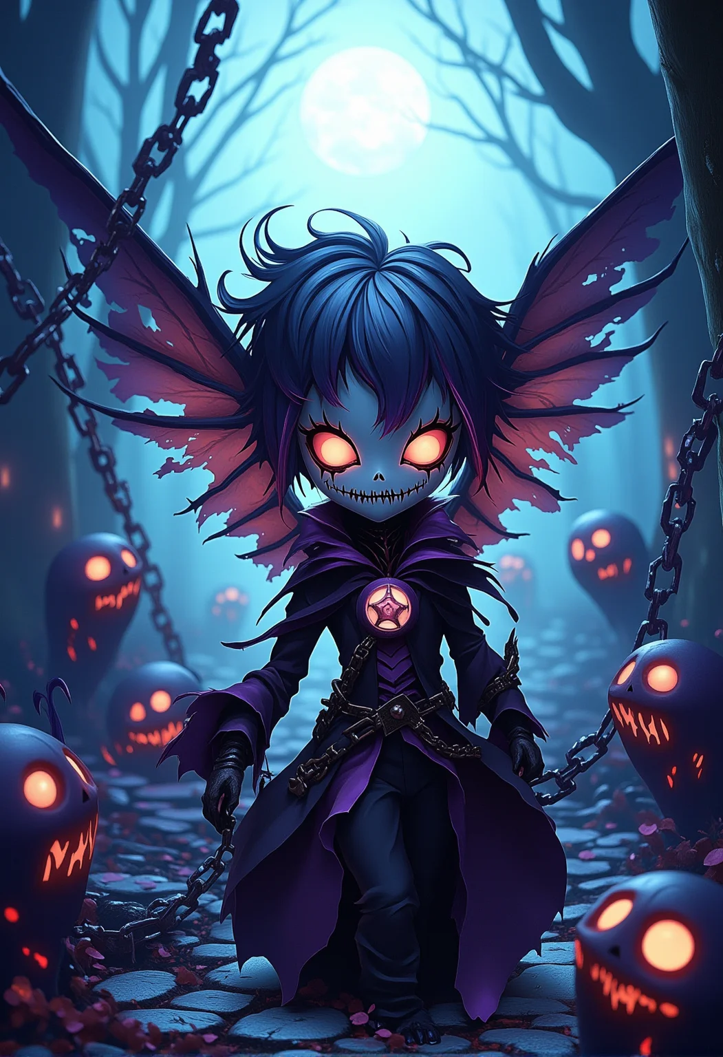 bv-twiwonsty. A sinister dark fairy with hollow sockets and a broken doll face, sneaking in a frozen wasteland. The atmosphere is thick with arcane glow, casting vibrant orange and purple lights across hanging chains. The figure is dressed in shadowy cloaks, surrounded by ghostly birds that pulse with dark energy. Nearby, enchanted armor crawl silently along the ground. , <lora:bv-twisted-wonderland-style-v1.safetensors:1.0:1.0>