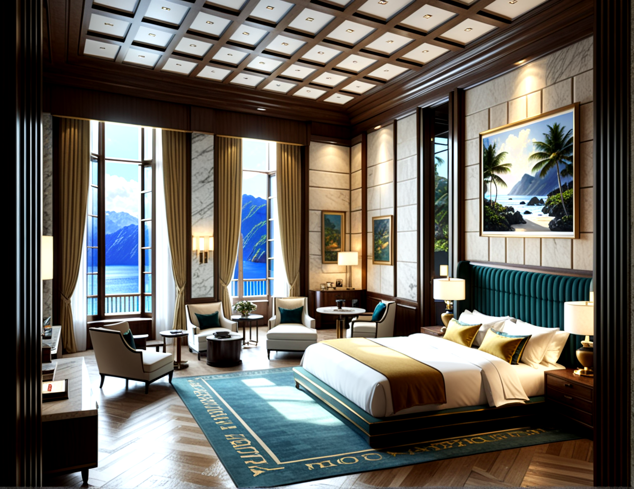 score_9, score_8_up, score_7_up,
<lora:Authoritarian_Interior_(Architecture)_(SDXL)_(AD):1> Authoritarian Interior, interior design, architecture, limestone, marble, wood, coffered ceiling, floor to ceiling windows, large windows, bedroom, hotel room, 
8K, In'ei, chiaroscuro, volumetric lighting, perfect depth of field shot, 8K CGI render, beautiful, subsurface scattering, photographic realism, asymmetric viewpoint, off center perspective, art by Thomas Kinkade, 
BREAK zPDXL, zPDXLxxx,  <lora:wowifierXL:0.2> art by mooncryptowow <lora:sdxl_lightning_8step_lora:0.4> <lora:detailed_notrigger:0.5>
