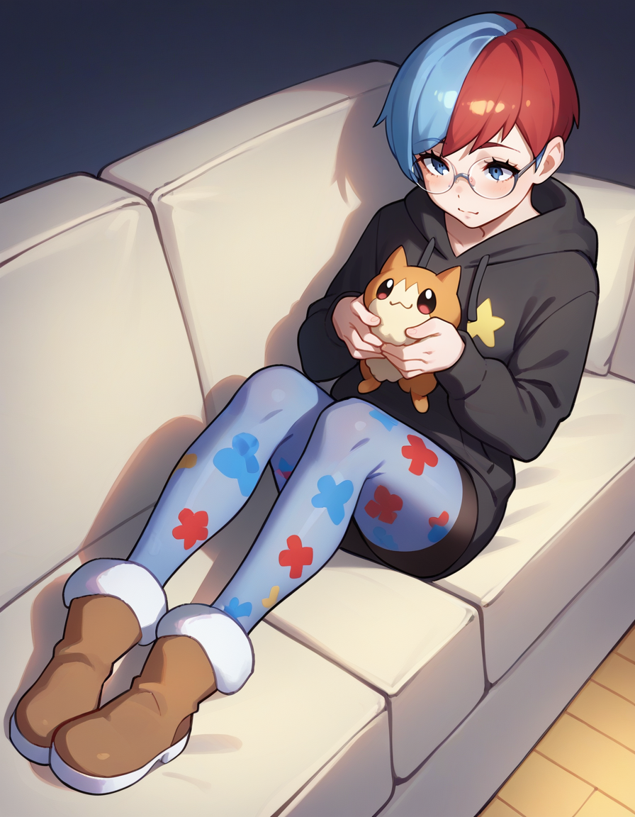 score_9, score_8_up, score_7_up, score_6_up, score_5_up, score_4_up, source_anime, BREAK    <lora:Ilya_Kuvshinov_Artist_Style_ponyXL-000011:1>
1girl, penny \(pokemon\),fur boots, brown footwear,  , glasses, hoodie, multicolored hair, pantyhose,   print legwear,   star print, streaked hair, holding a kitten,  lying on a couch, cozy vibe ,