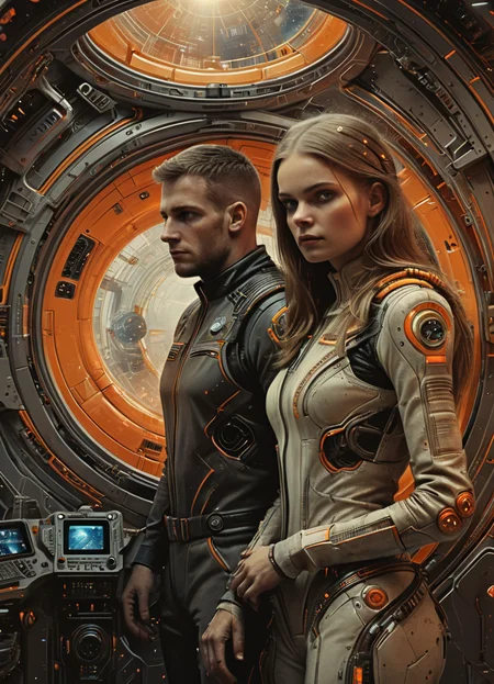 (in the style of style of Paul Lehr:1.1) view of a man and a woman wearing futuristic uniforms, inside the interior of a spaceship with some windows to observe the outside, orange and beige color, realistic hyper-detailed rendering, hyper-realistic details, 32k uhd, masterpiece, photo, digital art, science fiction <lora:xl_more_art-full_v1:0.3> <lora:The_Dark_Side_Of_The_FutureXL:0.66>