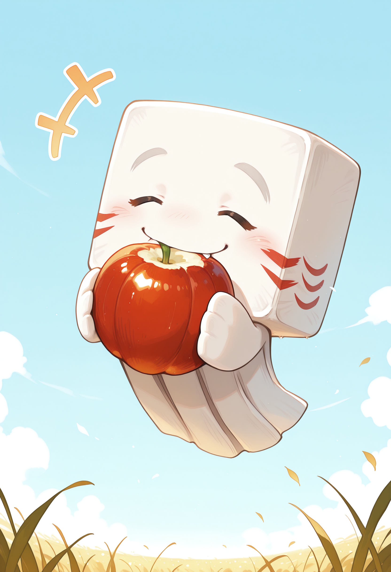 masterpiece,extreme detailed,field BREAK 1other,ghastling,closed eyes,no humans,smile,floating,<lora:happyghast-IL:1>,+++,holding fruit,eating,
