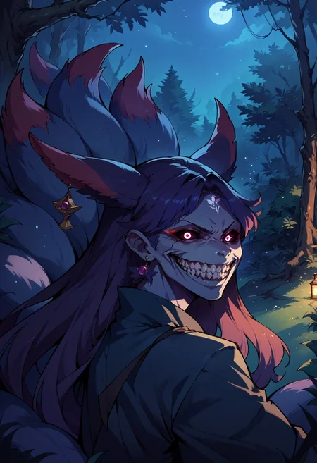 score_9, score_8_up,score_7_up,score_6_up, source_anime,forest,(YaeMikoFox:1.1), earrings, no humans, multiple tails, from side, looking at viewer, night,
solgo, sharp teeth, evil grin, black sclera, glowing eyes,
<lora:Solgo-grin-v1-potat:0.75>
<lora:YaeMikoFox_XLPD:1>