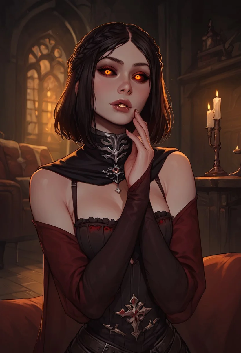 masterpiece,best quality, highly detailed, score_9, score_8_up, score_7_up, score_6_up, score_5_up, score_4_up, Expressiveh, 1girl, NM_tes_Serana, 1girl, solo, orange eyes, red eyes, glowing eyes, colored sclera, black sclera, vampire, medium hair, black hair, braid, breasts, medium breast, ,living room,