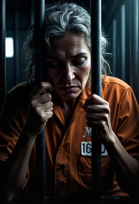 A very dark frontal close-up of a devastated 60-year-old woman, with her head down, her eyes completely closed and her face marked by sadness and anger, on the verge of crying. He leans forward, trying to push his face between two thick, cold tubular iron bars, gripping them with his hands in silent desperation. The frontal angle emphasizes the tension and vulnerability of her dynamic posture. A faint and narrow ray of light coming from a small window from one side and facing the woman laterally, filtering and highlighting her anguished expression in a dramatic chiaroscuro that highlights her silhouette, where it seems to illuminate only one of the sides of her face, while the dense shadows around him deepen the feeling of confinement and despair.
The scene takes place inside an extremely dark and humid cell, with thick vertical tubular bars running from side to side. The woman wears tattered orange prison clothing with a large number on her chest. The woman's gray hair is dirty and messy and covers much of her face. Chiaroscuro lighting style covered in shadows