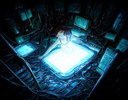 masterpiece, best quality, amazing quality, very aesthetic, absurdres,  newest, soft lighting, dark light,
1girl, iwakura lain,  solo,  thigh_gap , dark_background, cable, looking_at_viewer ,pile , spaghetti_strap , utility_pole,wire, monitor,entangled, digital_rain, from above, white camisole ,head up, head tilt,
optical illusion,yoneyama mai,quasarcake:0.7, rolua, negative space, cinematic shot, very awa, science fiction,matrix, code, digital,computer, glitch, covered  in wire, squatting, armpit, thick thigh, green background,
<lora:cfg_scale_boost:0.7>, <lora:illustrious_noobai_epsilon_pred_11_very_aesthetic_v1:0.6>, <lora:illustrious_noobai_epsilon_pred_1_masterpieces_v1:0.6>, <lora:illustrious_noobai_epsilon_pred_1_best_quality_v1:0.6>, <lora:Lain_PonyXLv3:0.7>, <lora:Code__Digital_World_Morph_v2_PONY_XL_by_UOC:0.7>, <lora:USNR STYLE_XL_loha:0.7>